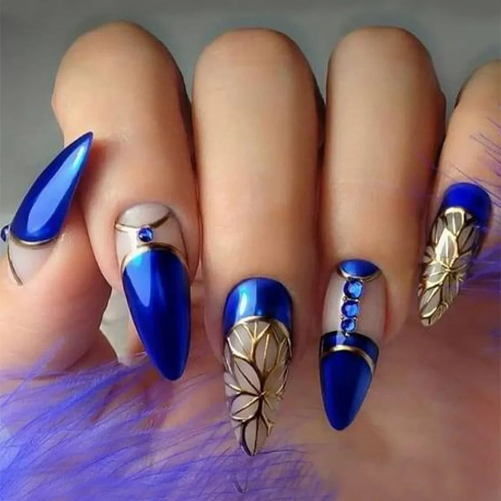 24Pcs Mid-length False Nails with Almond Head Design Brown Gold Lines Fake Nails Oval Wearable French Press on Nail Tips