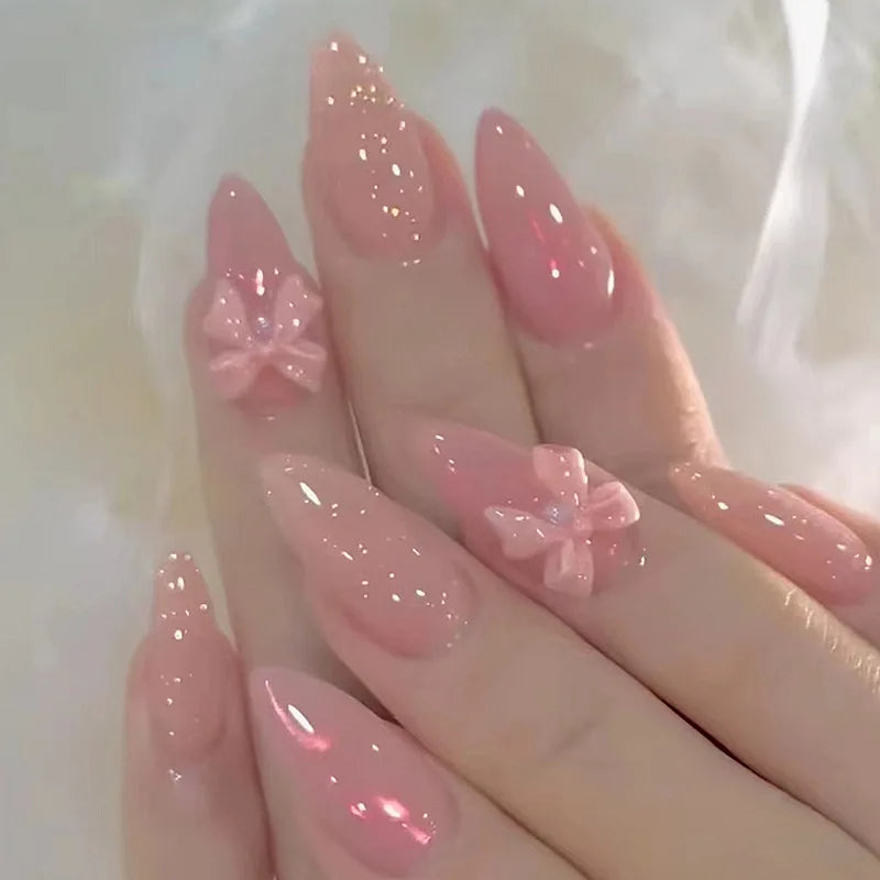 24Pcs Mid-length False Nails with Almond Head Design Brown Gold Lines Fake Nails Oval Wearable French Press on Nail Tips