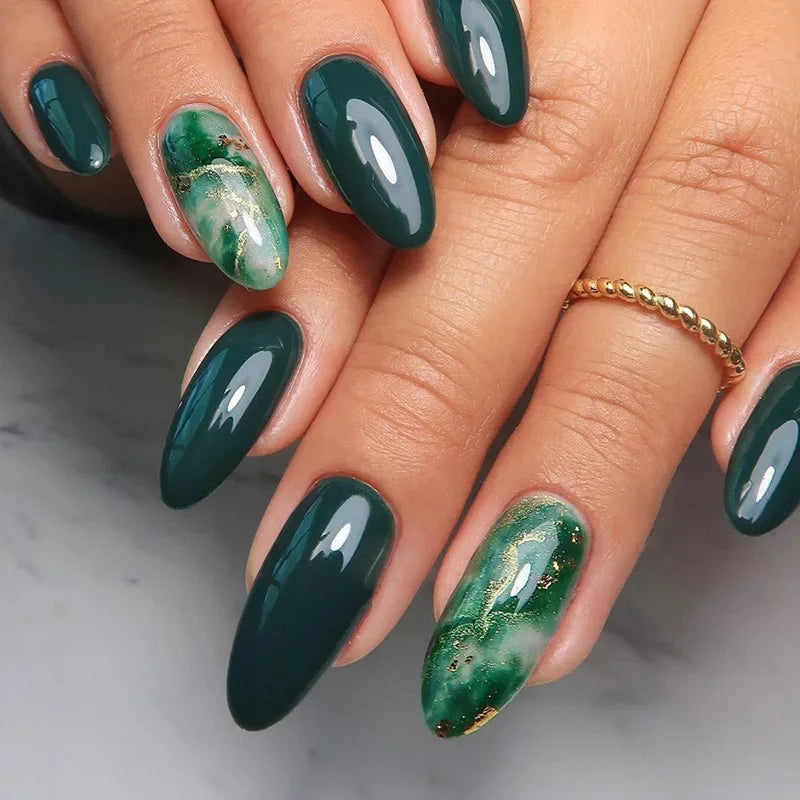 24Pcs Mid-length False Nails with Almond Head Design Brown Gold Lines Fake Nails Oval Wearable French Press on Nail Tips