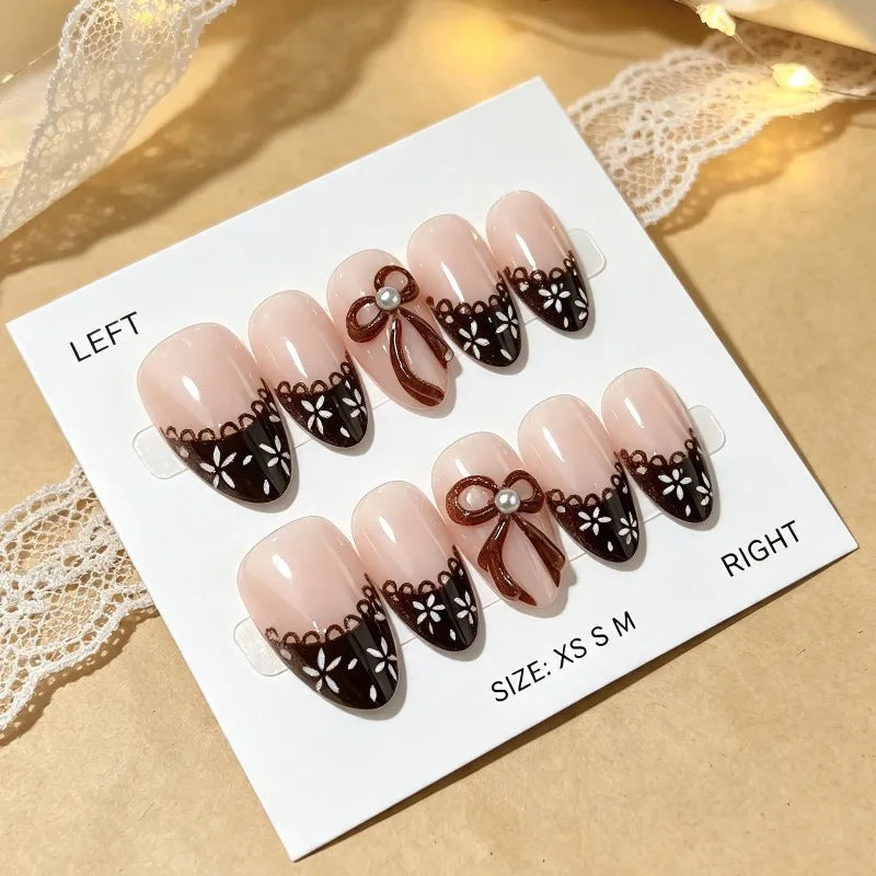 30Pcs Press-On Nails Simple and Elegant Everyday Style with Bow and Almond-Shaped French Design Perfect for Women and Everyday