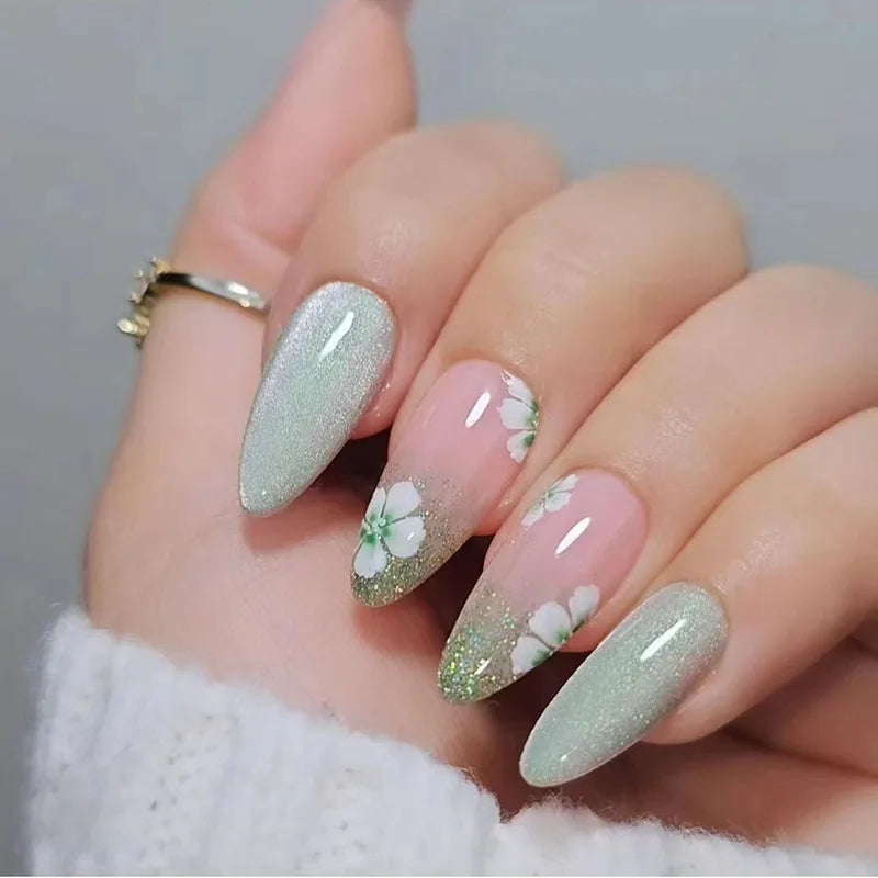 24Pcs Mid-length False Nails with Almond Head Design Brown Gold Lines Fake Nails Oval Wearable French Press on Nail Tips