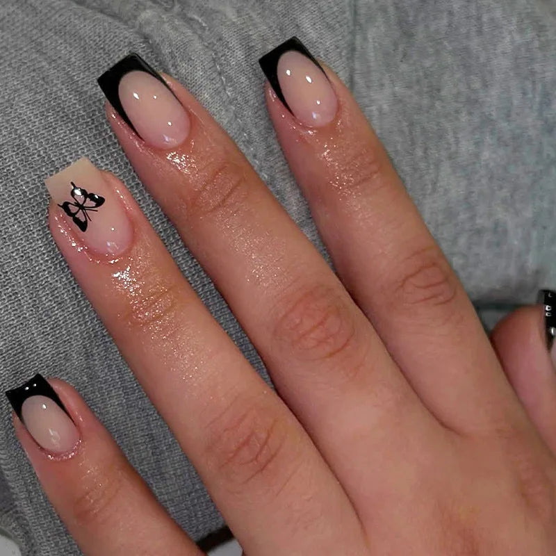 Black French Tips Press on Nails 3D White Bowknot Alloy Stars Designs Fake Nails Ballet Charms False Nails Korean Manicure 24Pcs