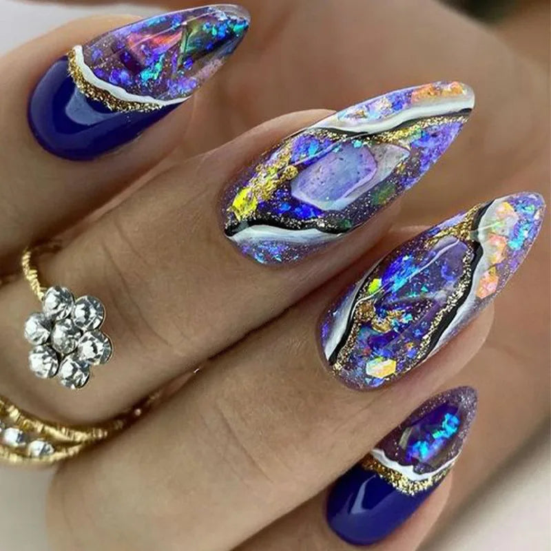 24Pcs Mid-length False Nails with Almond Head Design Brown Gold Lines Fake Nails Oval Wearable French Press on Nail Tips