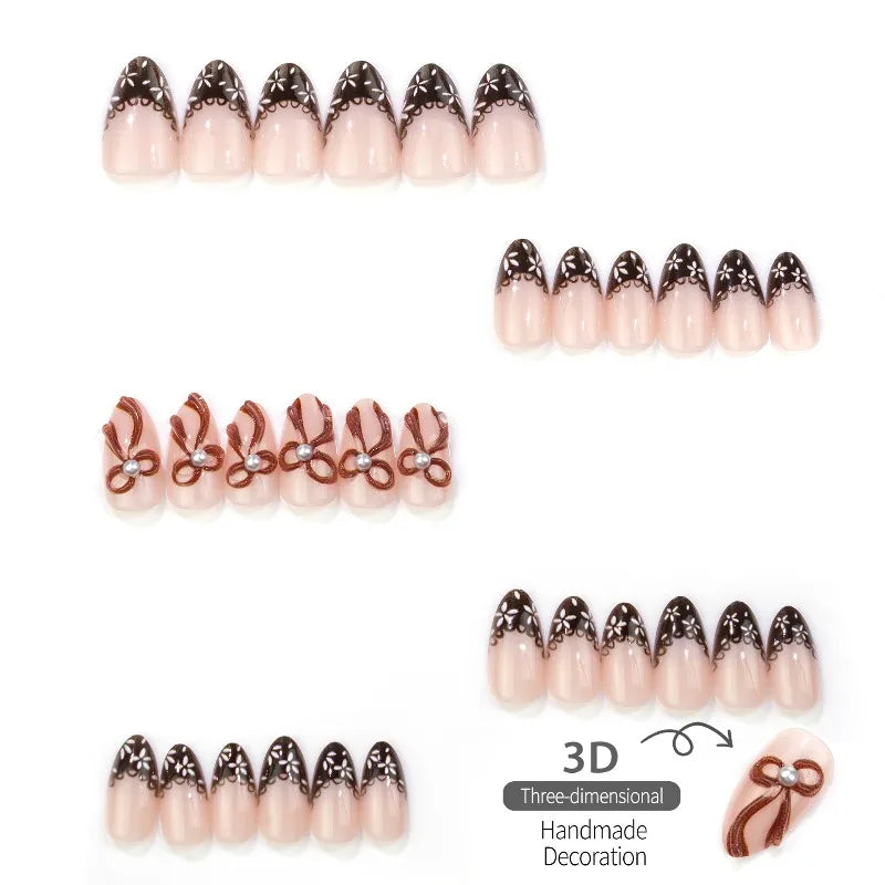 30Pcs Press-On Nails Simple and Elegant Everyday Style with Bow and Almond-Shaped French Design Perfect for Women and Everyday