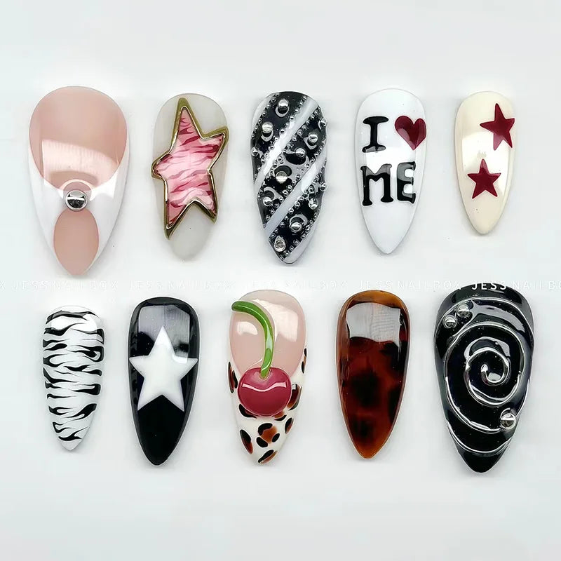 24pcs Rhinestone Star Design Nails Sets Press on Long Almond Nails Tips Pink Fake Nail Art French Leopard Print Black False Nail
