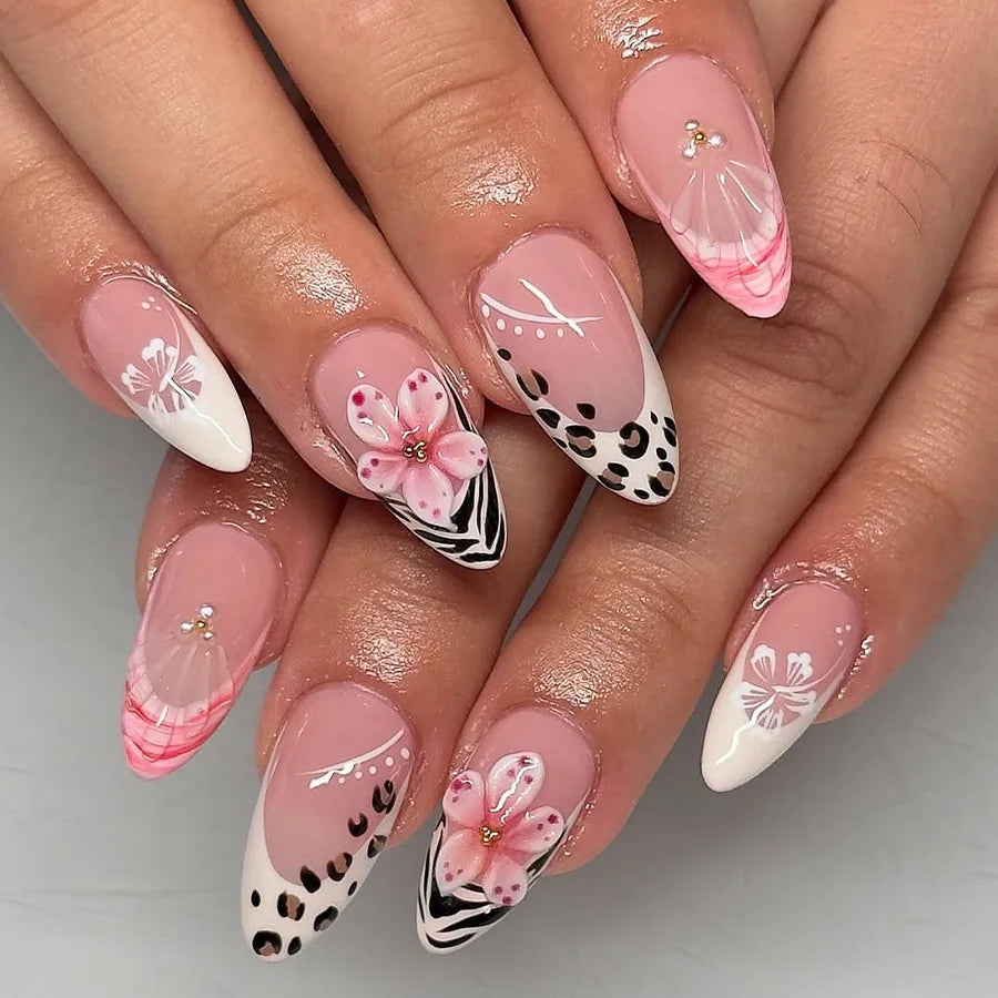 24pcs Rhinestone Star Design Nails Sets Press on Long Almond Nails Tips Pink Fake Nail Art French Leopard Print Black False Nail