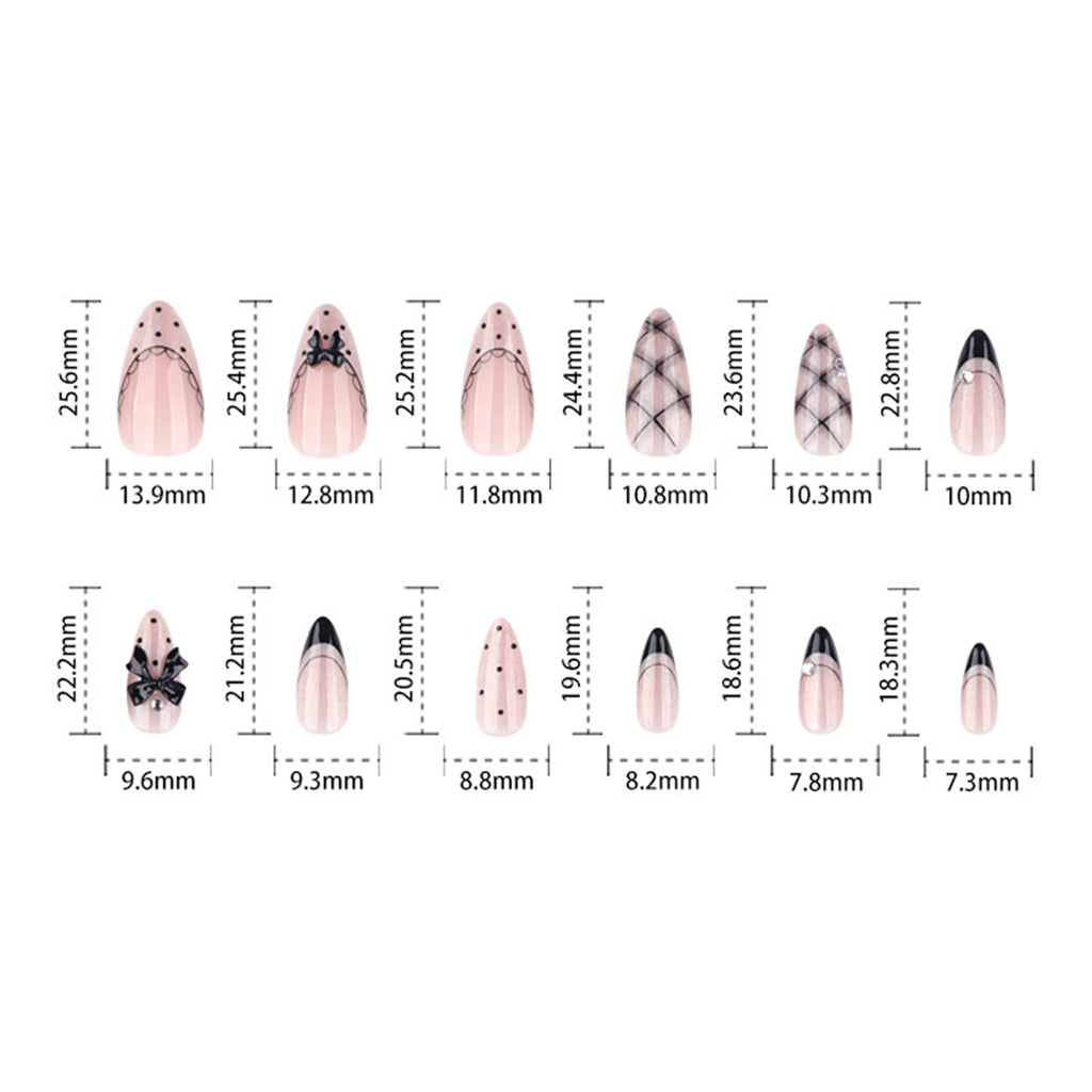 24Pcs Y2K Style False Nails Press On Nails Gothic Black-Bow Almond Cat Eye Wearable Full Cover Nails Tips Acrylic Nail Tips