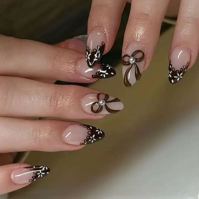 30Pcs Press-On Nails Simple and Elegant Everyday Style with Bow and Almond-Shaped French Design Perfect for Women and Everyday