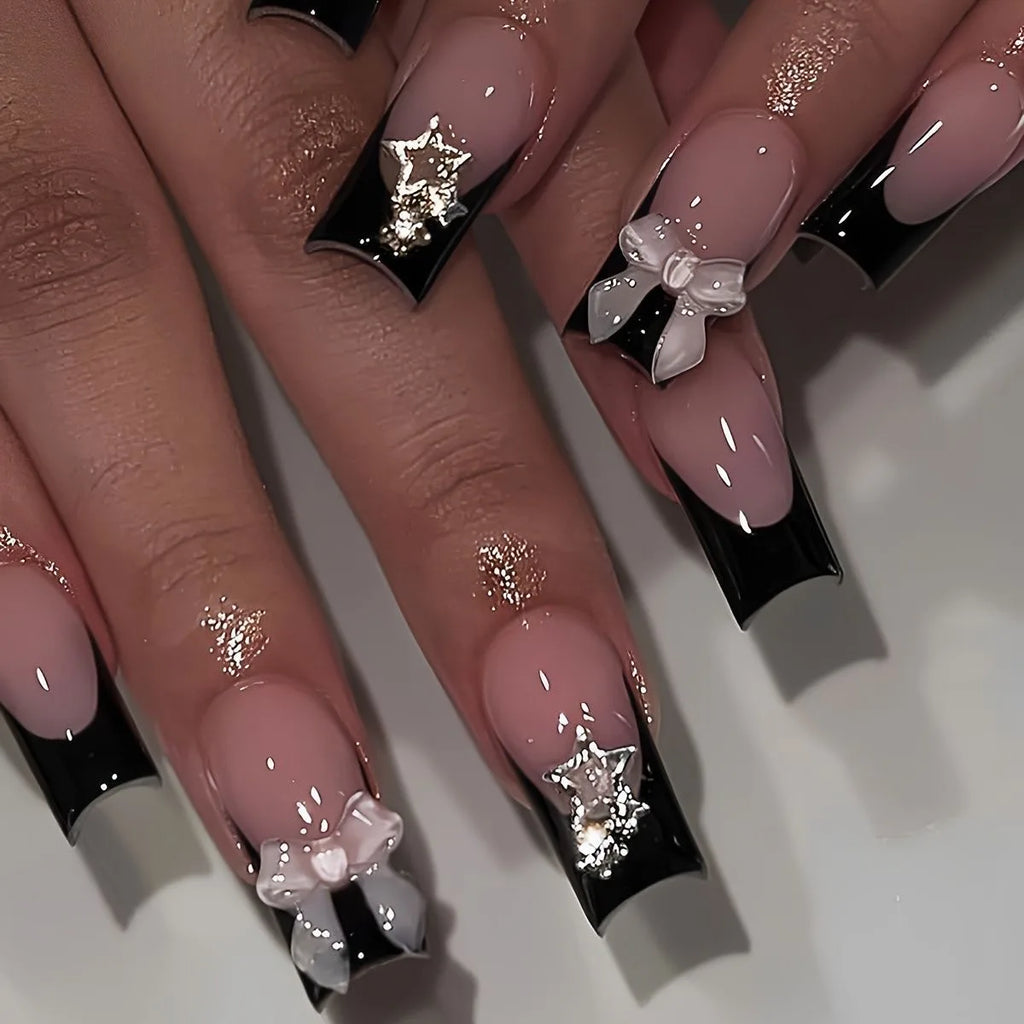 Black French Tips Press on Nails 3D White Bowknot Alloy Stars Designs Fake Nails Ballet Charms False Nails Korean Manicure 24Pcs
