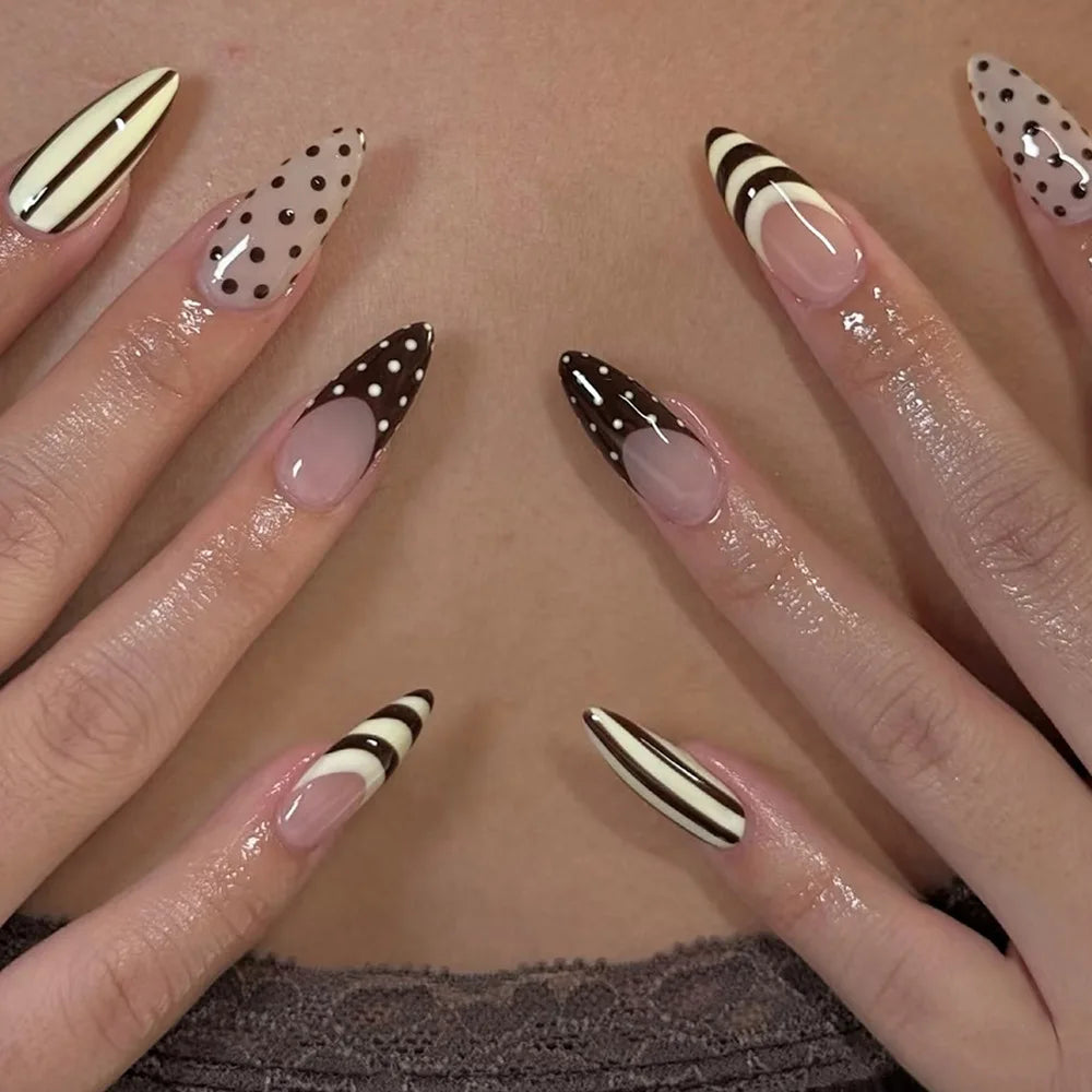 24pcs Rhinestone Star Design Nails Sets Press on Long Almond Nails Tips Pink Fake Nail Art French Leopard Print Black False Nail