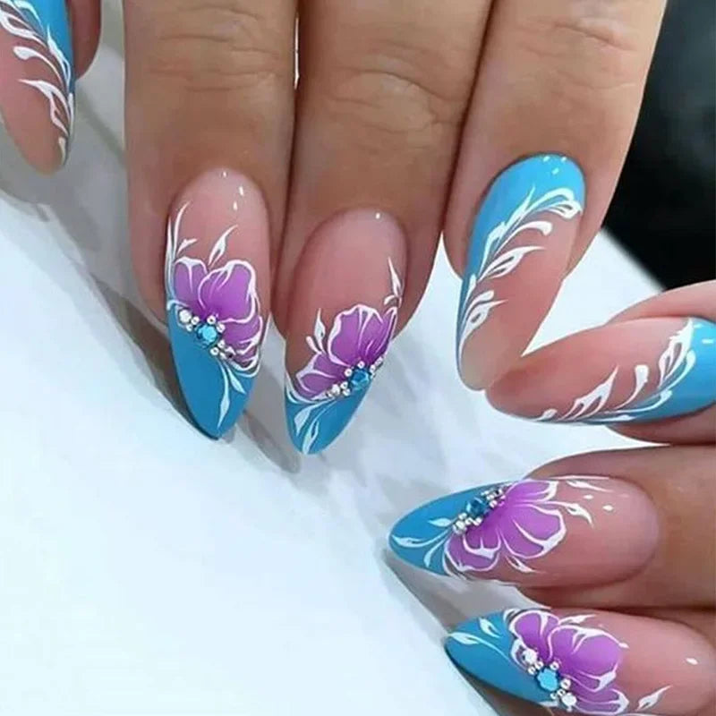 24Pcs Mid-length False Nails with Almond Head Design Brown Gold Lines Fake Nails Oval Wearable French Press on Nail Tips