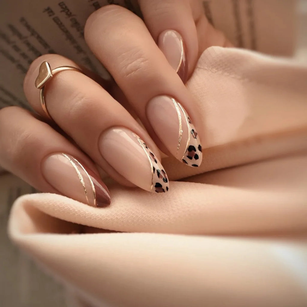 24Pcs Mid-length False Nails with Almond Head Design Brown Gold Lines Fake Nails Oval Wearable French Press on Nail Tips