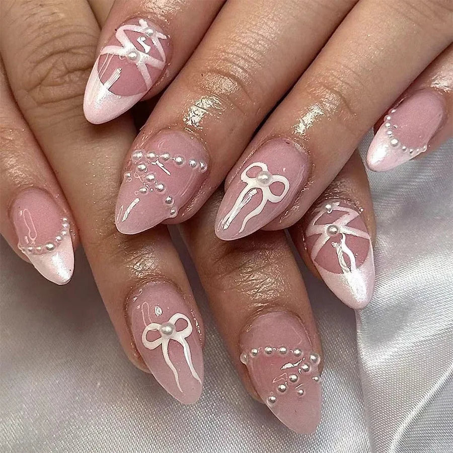 24Pcs Mid-length False Nails with Almond Head Design Brown Gold Lines Fake Nails Oval Wearable French Press on Nail Tips