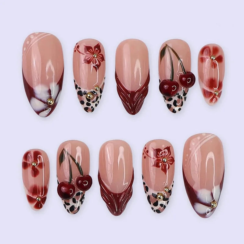 24pcs Rhinestone Star Design Nails Sets Press on Long Almond Nails Tips Pink Fake Nail Art French Leopard Print Black False Nail