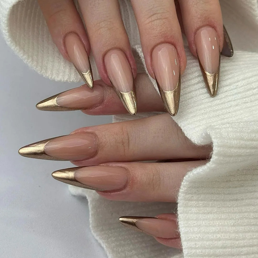 24Pcs Mid-length False Nails with Almond Head Design Brown Gold Lines Fake Nails Oval Wearable French Press on Nail Tips