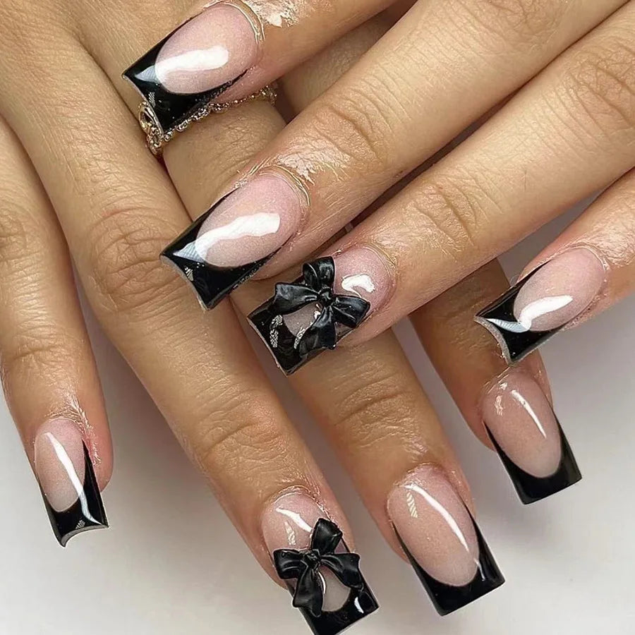 Black French Tips Press on Nails 3D White Bowknot Alloy Stars Designs Fake Nails Ballet Charms False Nails Korean Manicure 24Pcs