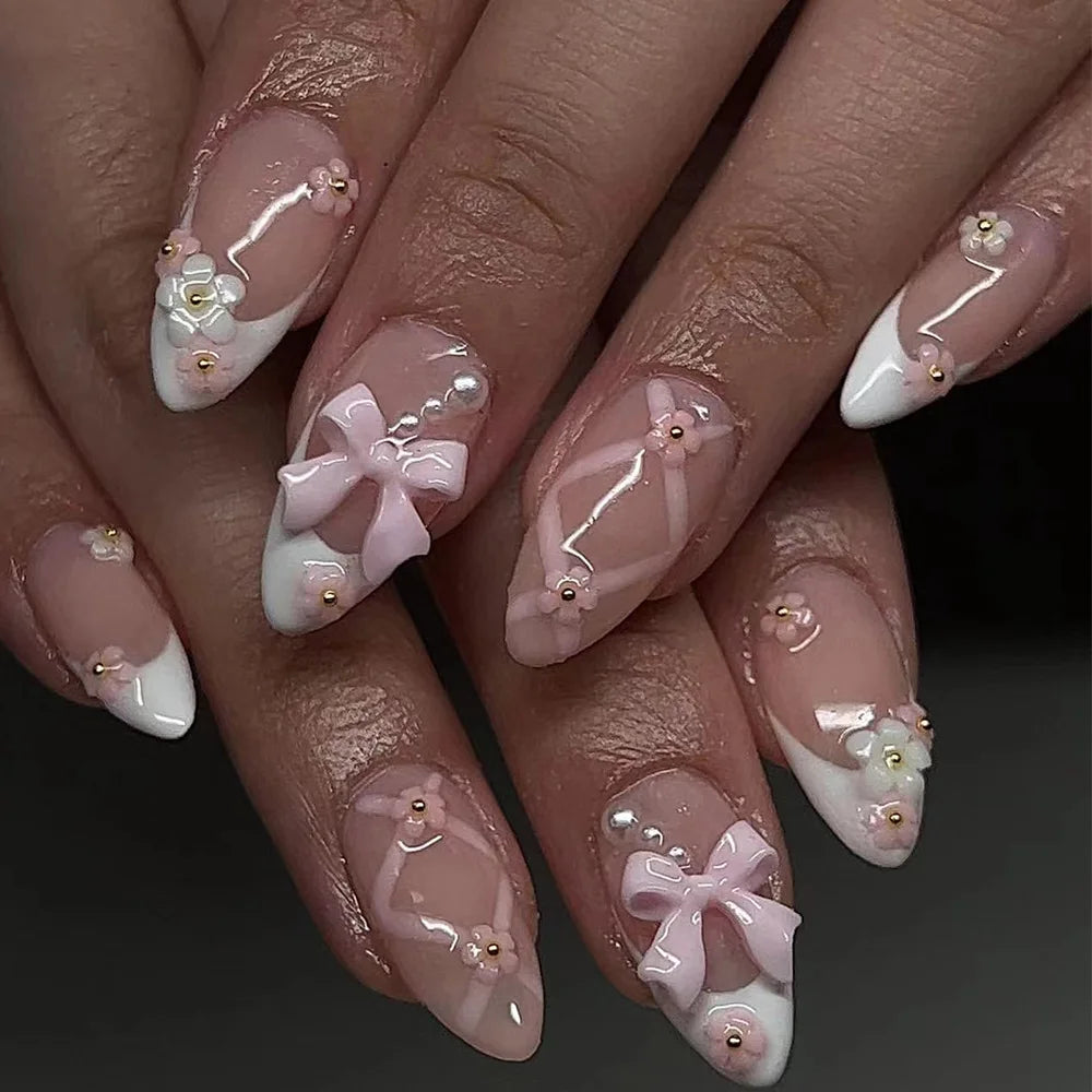 24Pcs Mid-length False Nails with Almond Head Design Brown Gold Lines Fake Nails Oval Wearable French Press on Nail Tips