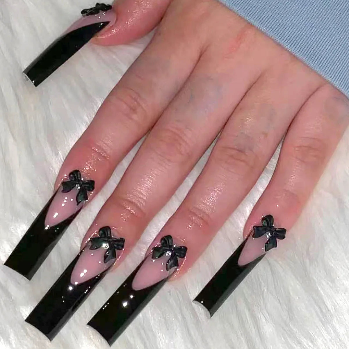 Black French Tips Press on Nails 3D White Bowknot Alloy Stars Designs Fake Nails Ballet Charms False Nails Korean Manicure 24Pcs