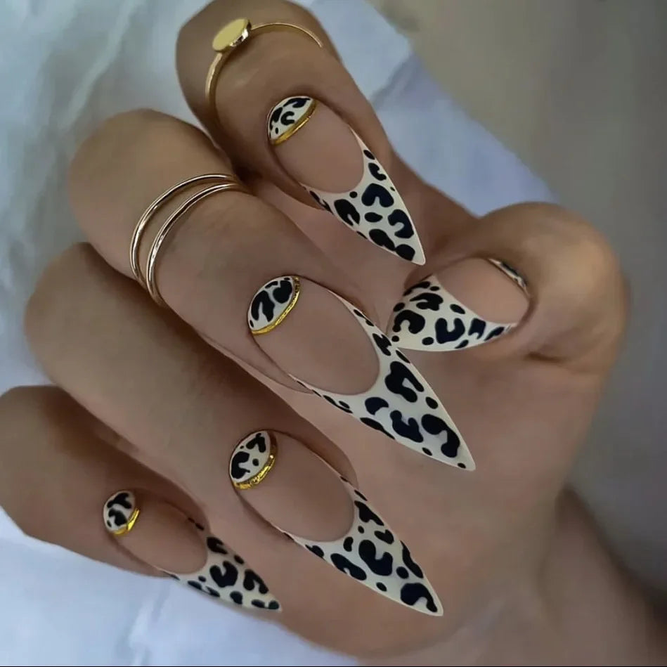 24Pcs Mid-length False Nails with Almond Head Design Brown Gold Lines Fake Nails Oval Wearable French Press on Nail Tips