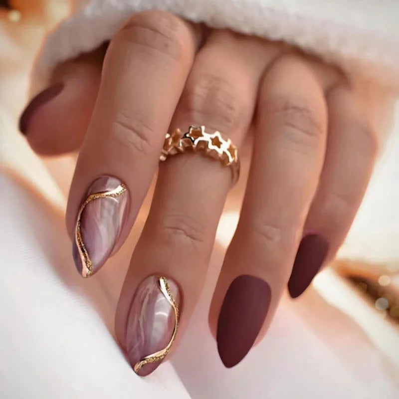 24Pcs Mid-length False Nails with Almond Head Design Brown Gold Lines Fake Nails Oval Wearable French Press on Nail Tips