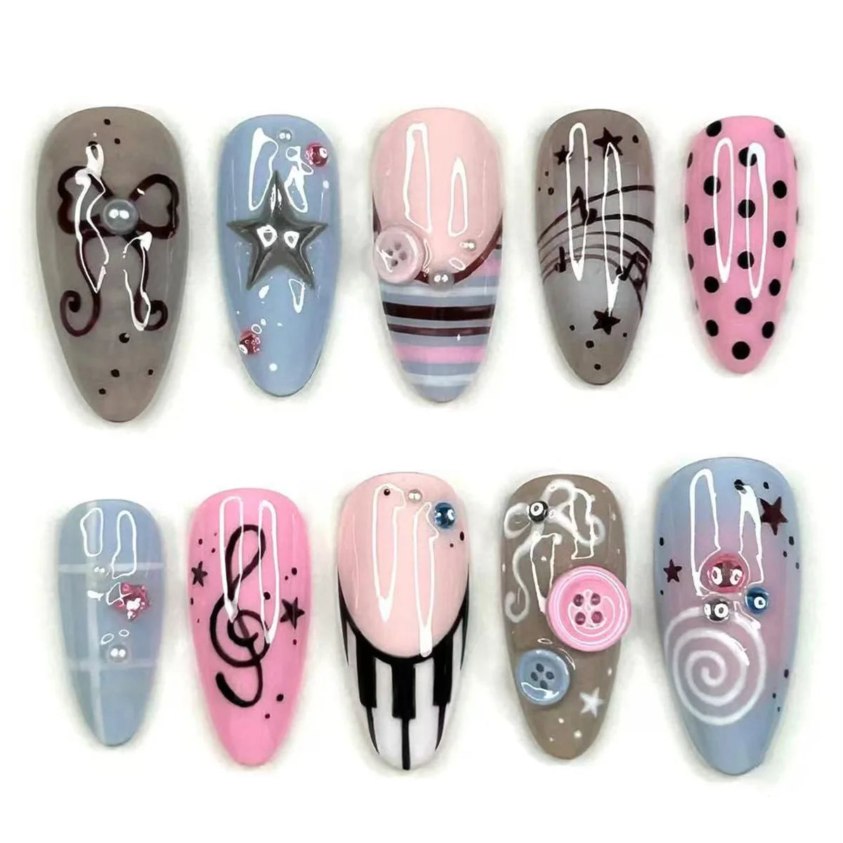 24pcs Rhinestone Star Design Nails Sets Press on Long Almond Nails Tips Pink Fake Nail Art French Leopard Print Black False Nail