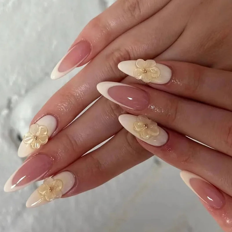 24Pcs Mid-length False Nails with Almond Head Design Brown Gold Lines Fake Nails Oval Wearable French Press on Nail Tips