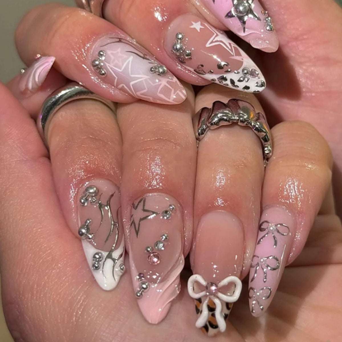 24Pcs Y2K Style False Nails Press On Nails Gothic Black-Bow Almond Cat Eye Wearable Full Cover Nails Tips Acrylic Nail Tips