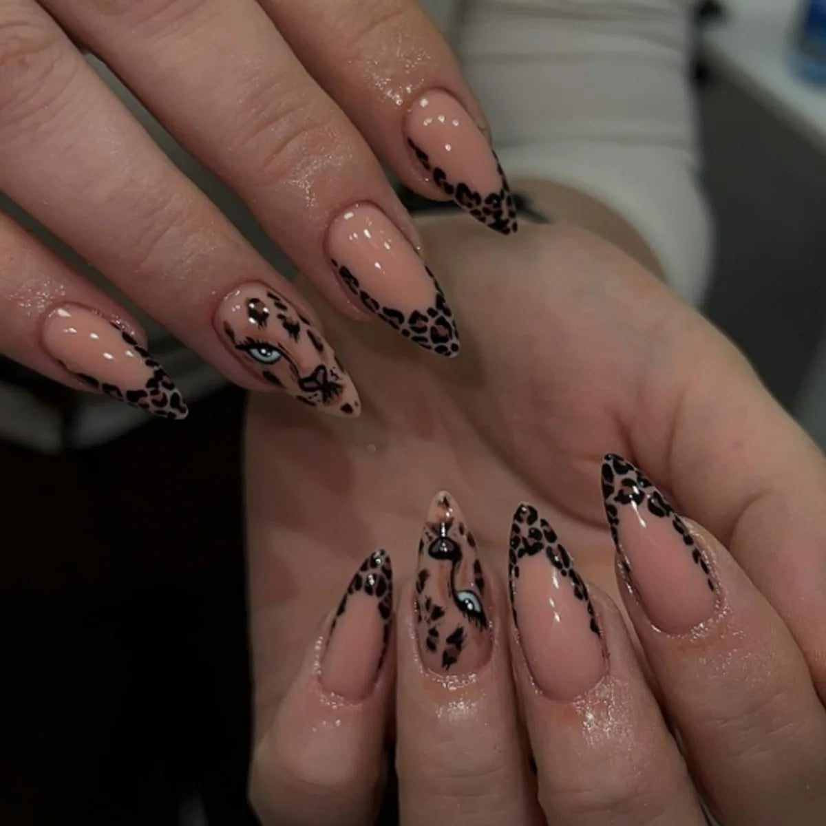 24pcs Rhinestone Star Design Nails Sets Press on Long Almond Nails Tips Pink Fake Nail Art French Leopard Print Black False Nail