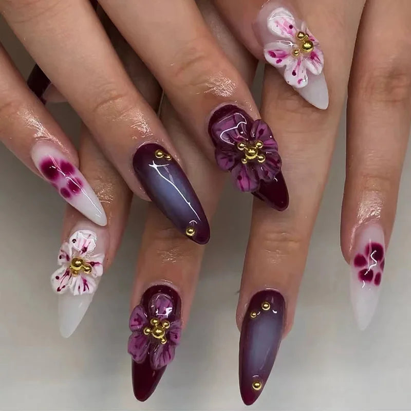 24Pcs Mid-length False Nails with Almond Head Design Brown Gold Lines Fake Nails Oval Wearable French Press on Nail Tips