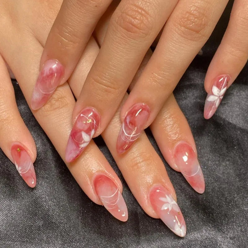 24Pcs Mid-length False Nails with Almond Head Design Brown Gold Lines Fake Nails Oval Wearable French Press on Nail Tips