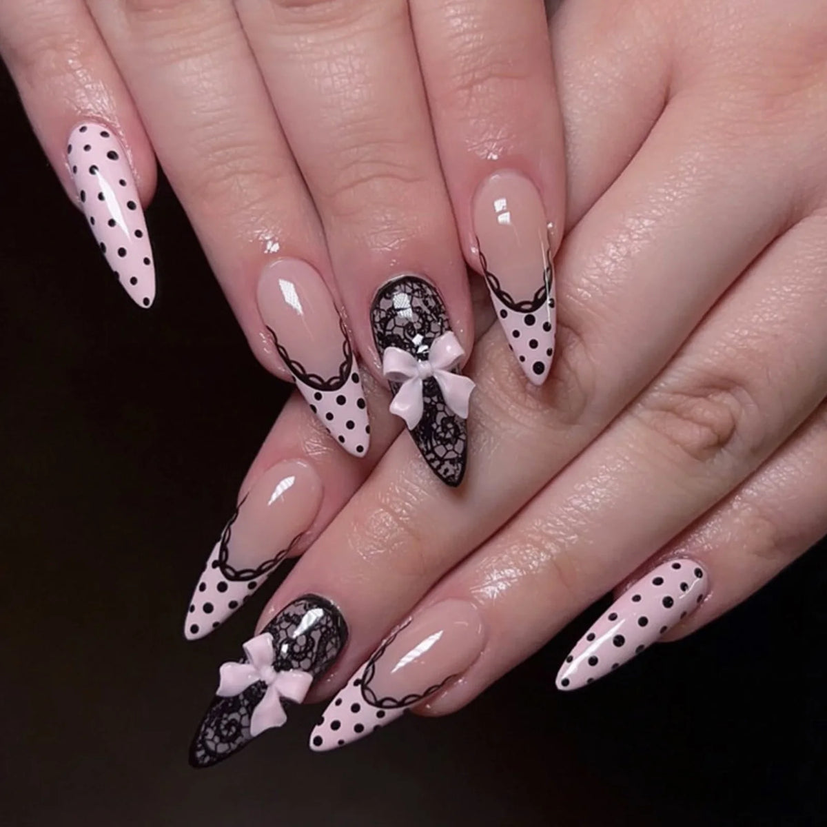 24Pcs Y2K Style False Nails Press On Nails Gothic Black-Bow Almond Cat Eye Wearable Full Cover Nails Tips Acrylic Nail Tips