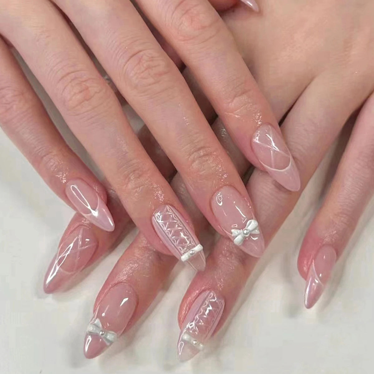 24Pcs Y2K Style False Nails Press On Nails Gothic Black-Bow Almond Cat Eye Wearable Full Cover Nails Tips Acrylic Nail Tips