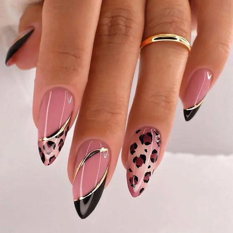 24Pcs Mid-length False Nails with Almond Head Design Brown Gold Lines Fake Nails Oval Wearable French Press on Nail Tips