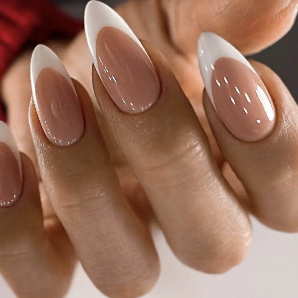 24Pcs Mid-length False Nails with Almond Head Design Brown Gold Lines Fake Nails Oval Wearable French Press on Nail Tips