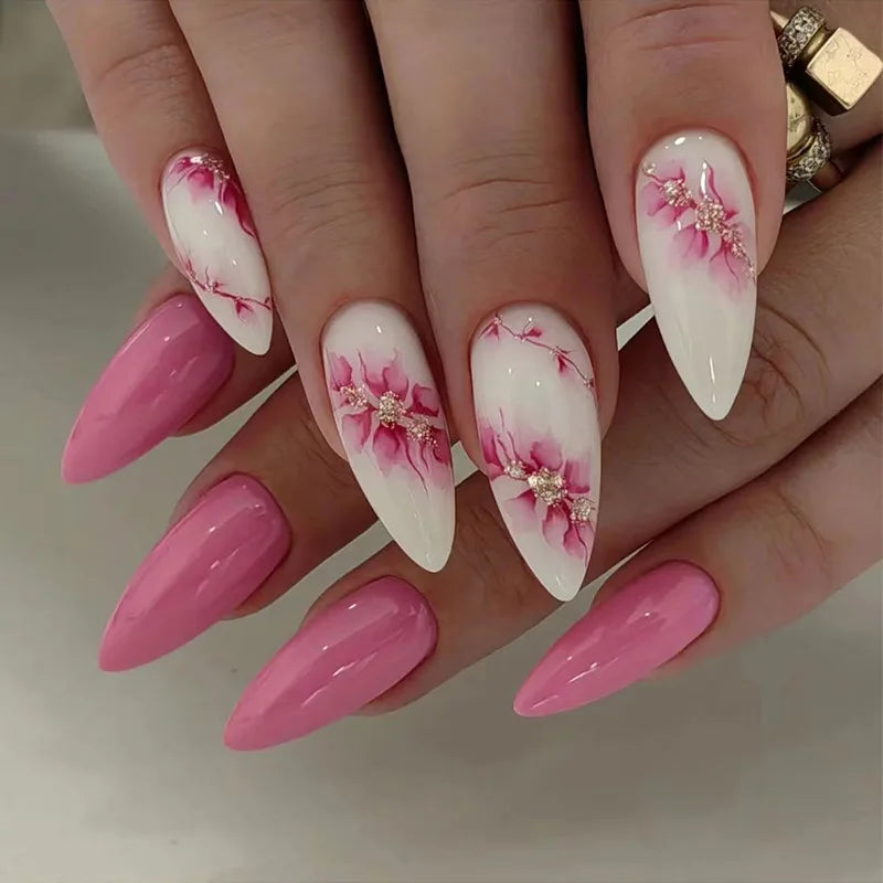 24Pcs Mid-length False Nails with Almond Head Design Brown Gold Lines Fake Nails Oval Wearable French Press on Nail Tips