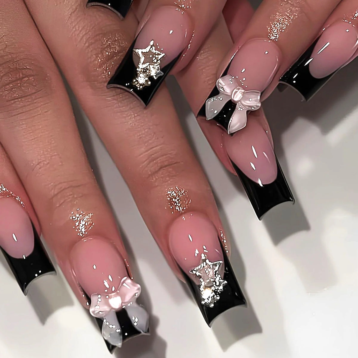 Black French Tips Press on Nails 3D White Bowknot Alloy Stars Designs Fake Nails Ballet Charms False Nails Korean Manicure 24Pcs
