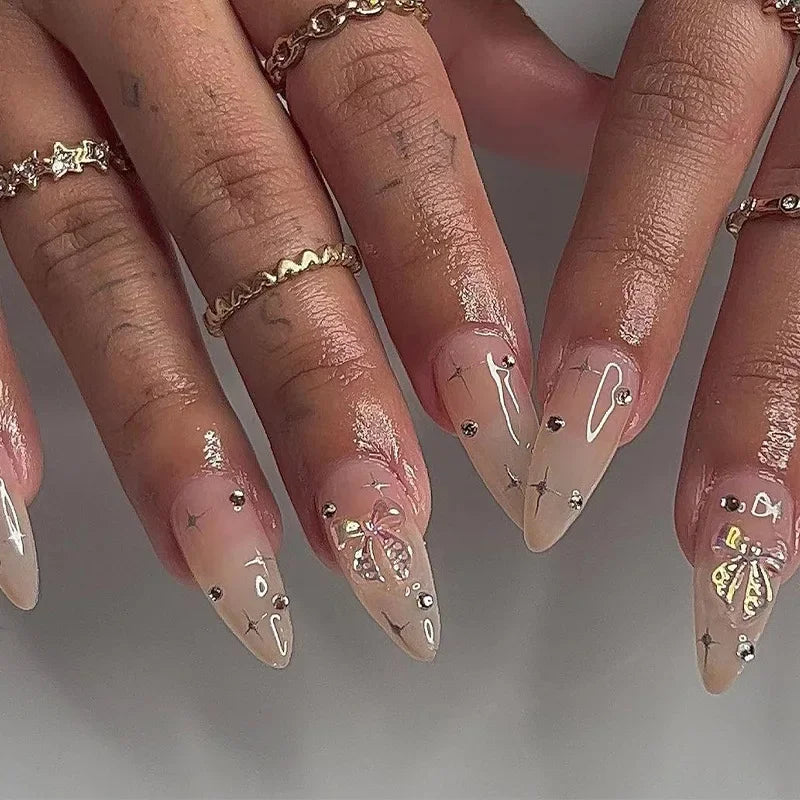 24Pcs Mid-length False Nails with Almond Head Design Brown Gold Lines Fake Nails Oval Wearable French Press on Nail Tips
