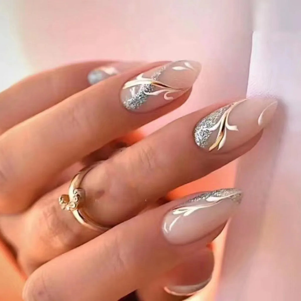 24Pcs Mid-length False Nails with Almond Head Design Brown Gold Lines Fake Nails Oval Wearable French Press on Nail Tips