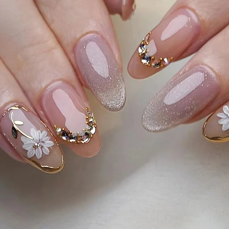 24Pcs Mid-length False Nails with Almond Head Design Brown Gold Lines Fake Nails Oval Wearable French Press on Nail Tips