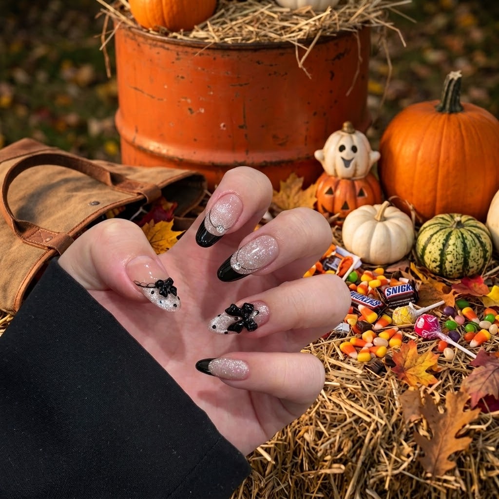 24Pcs Y2K Style False Nails Press On Nails Gothic Black-Bow Almond Cat Eye Wearable Full Cover Nails Tips Acrylic Nail Tips